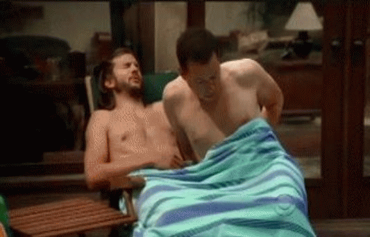 Why is Ashton Kutcher (Walden Schmidt) waking up with actor Jon Cryer (Alan...